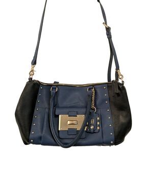 Dark Blue Black Leather Convertible Satchel Shoulder Bag Studded Gold Hardware